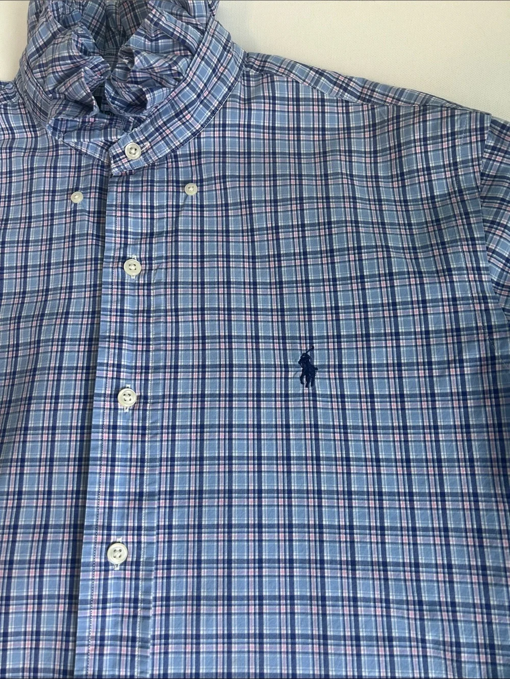 Upcycled Ralph Lauren Women’s Shirt Cropped Blue Pink Plaid with Ruffle Collar - Picture 6 of 12